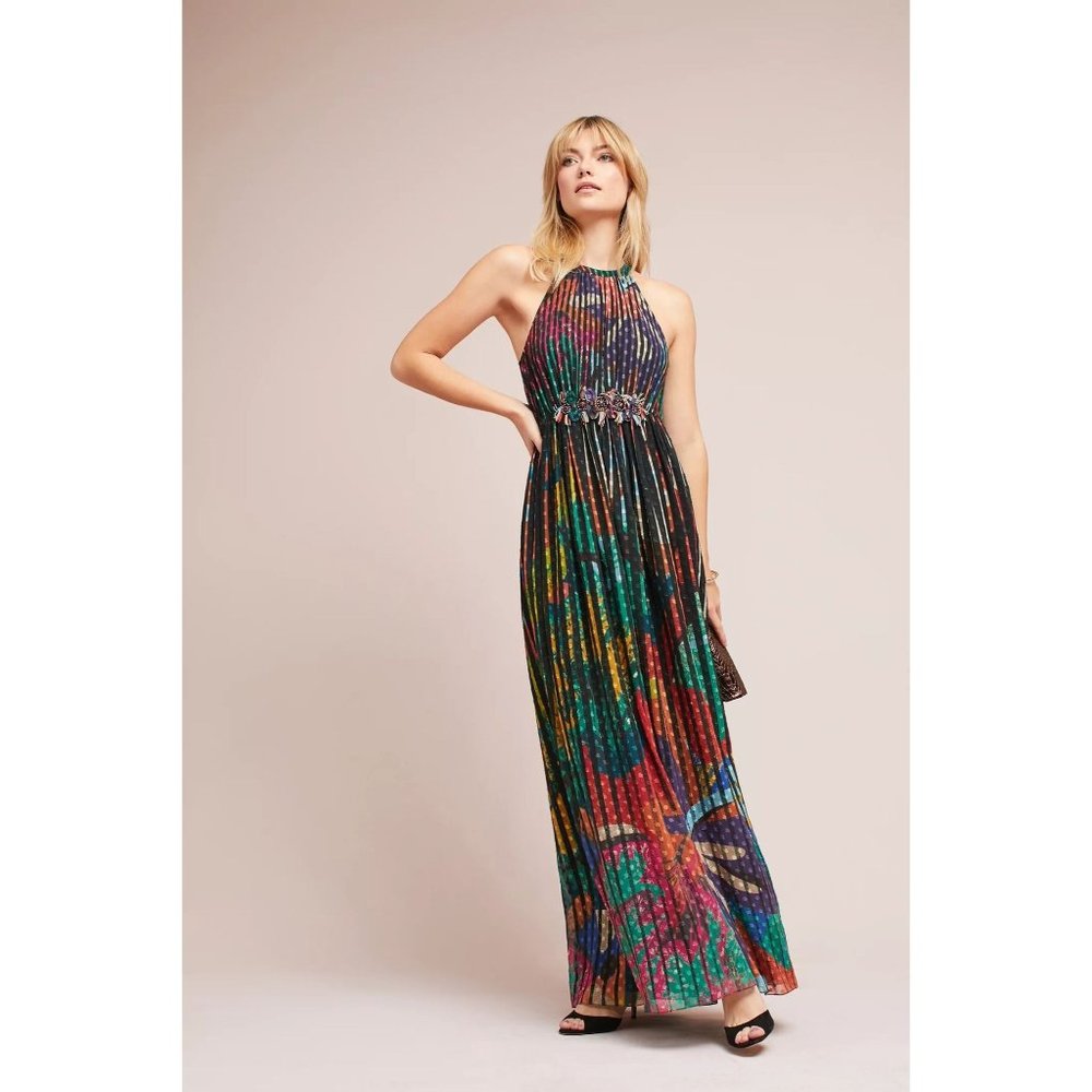 ANTHROPOLOGIE GEISHA DESIGNS Kalinka Maxi Halter Print Dress Sz 10 Boho